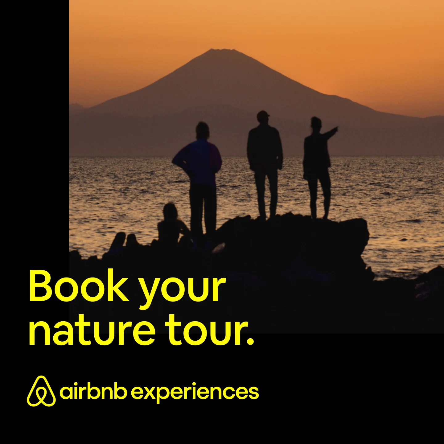 Airbnb Experiences Meta ad built by LTV.ai: travelers silhouetted against a mountain at sunset under a Book your nature tour headline.