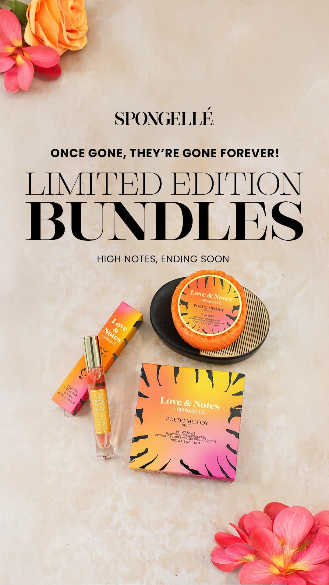 Spongellé Meta ad built by LTV.ai: Love & Notes body wash buffers and perfume under a Limited Edition Bundles headline.