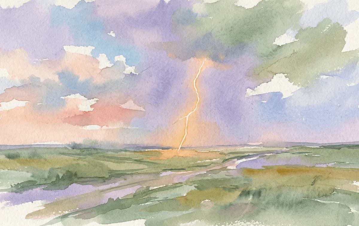 Watercolor golden lightning bolt illuminating a calm twilight sky over a green plain