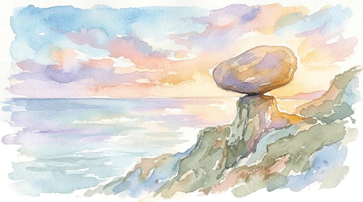 Watercolor balanced rock on a coastal cliff with ocean and sunset light