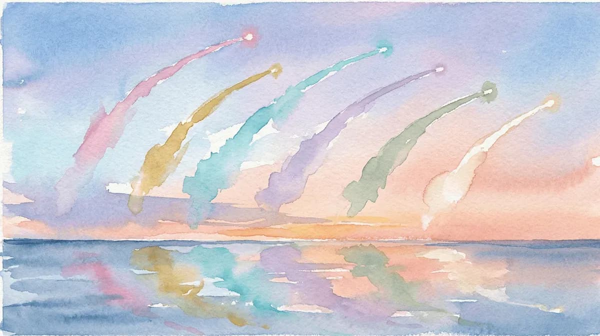 Watercolor six colored signal flares arcing across a twilight sky over calm sea
