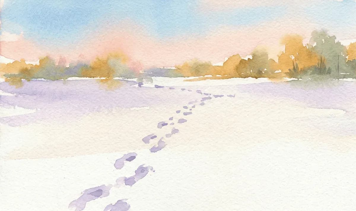 Watercolor footprints in snow stopping partway across a white field