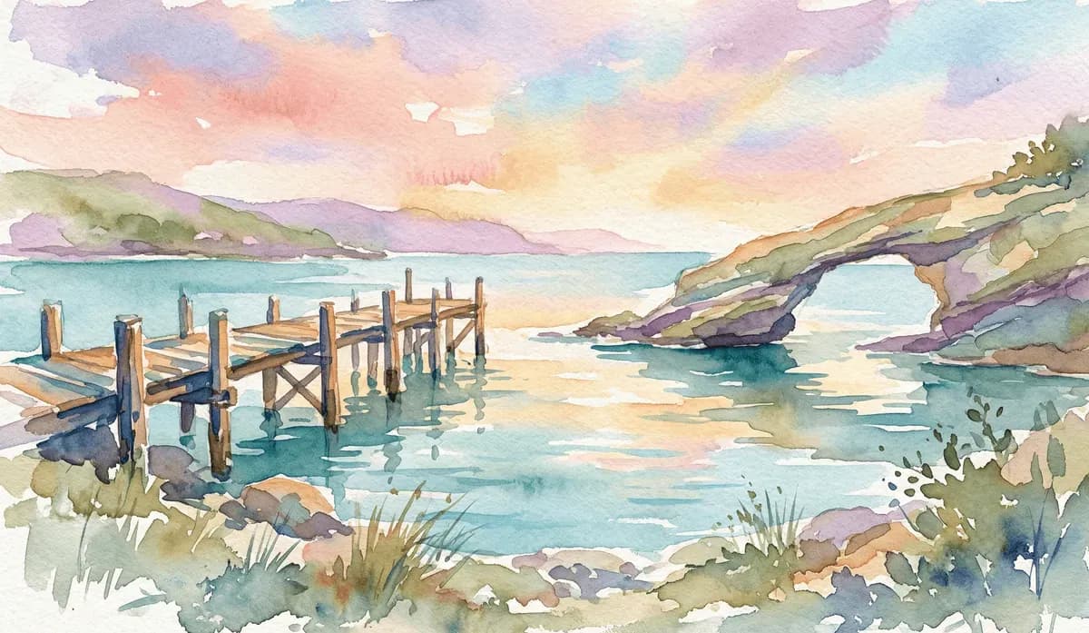 Watercolor bay with a wooden pier and rock bridge reaching toward each other