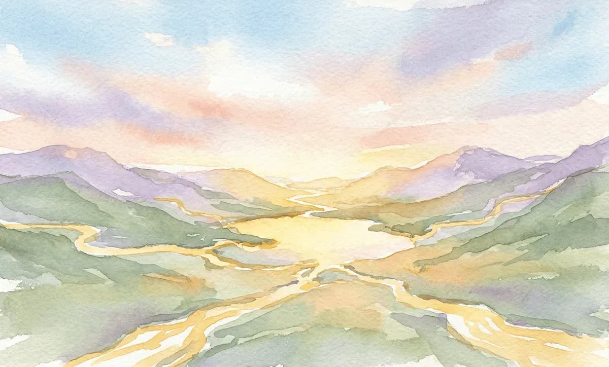 Watercolor golden rivers converging into a luminous lake surrounded by hills