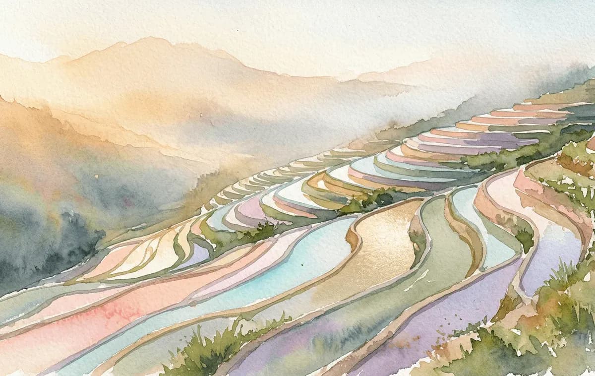 Watercolor terraced hillside with each level reflecting a different sky color