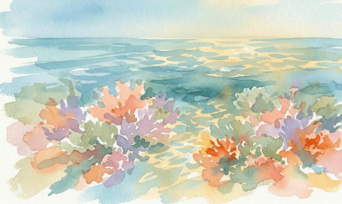 Watercolor coral reef in soft colors seen through clear turquoise water