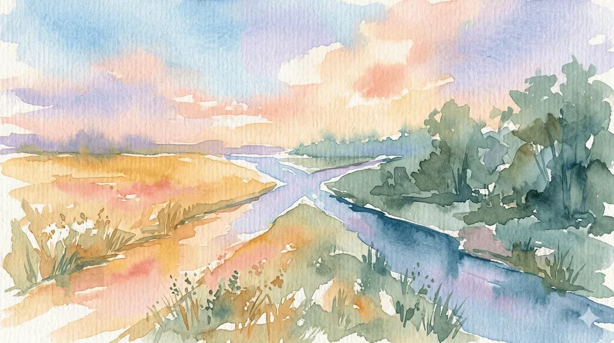 Watercolor forked river with one branch through a golden meadow and one through a forest