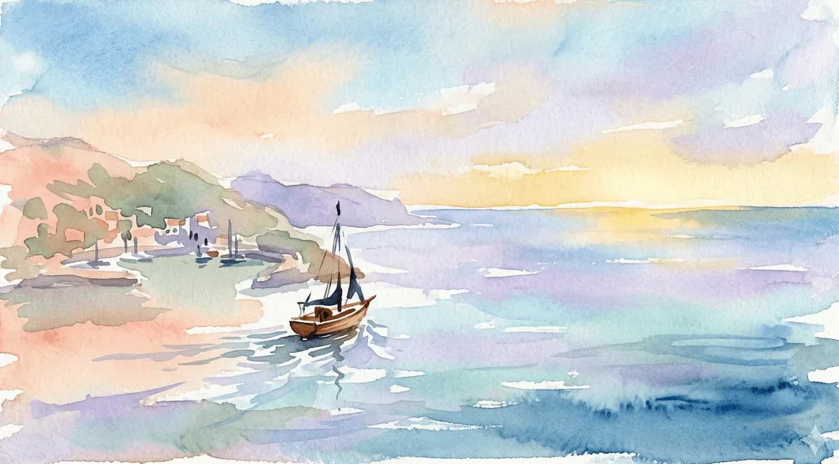 Watercolor small boat leaving a sheltered harbor for the open sea