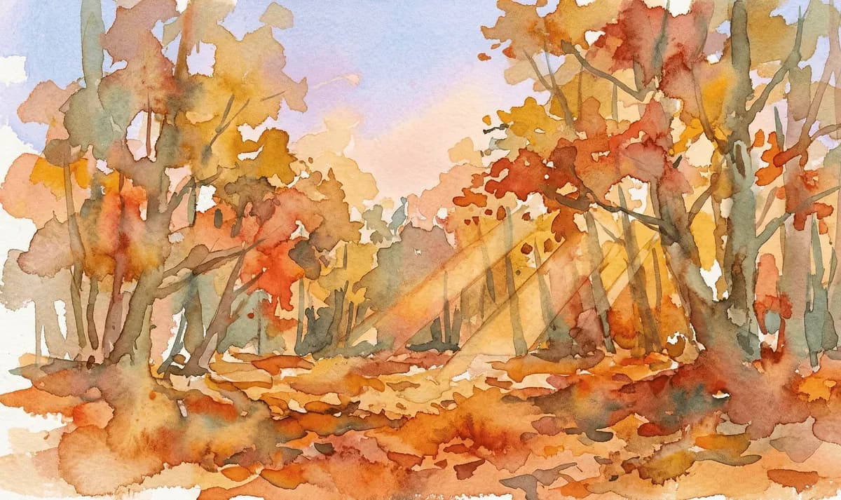 Watercolor autumn forest at peak color with golden light through the canopy