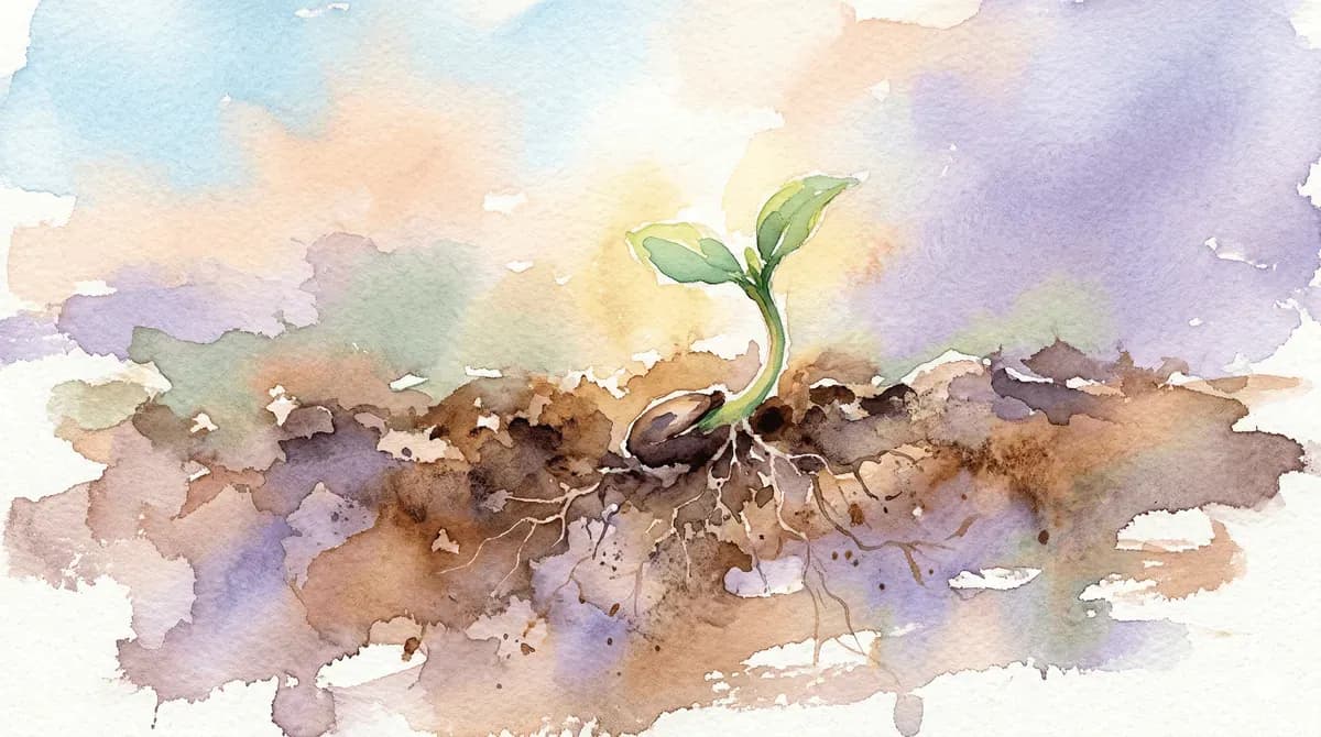 Watercolor seedling sprouting in warm soil with golden light and spreading roots