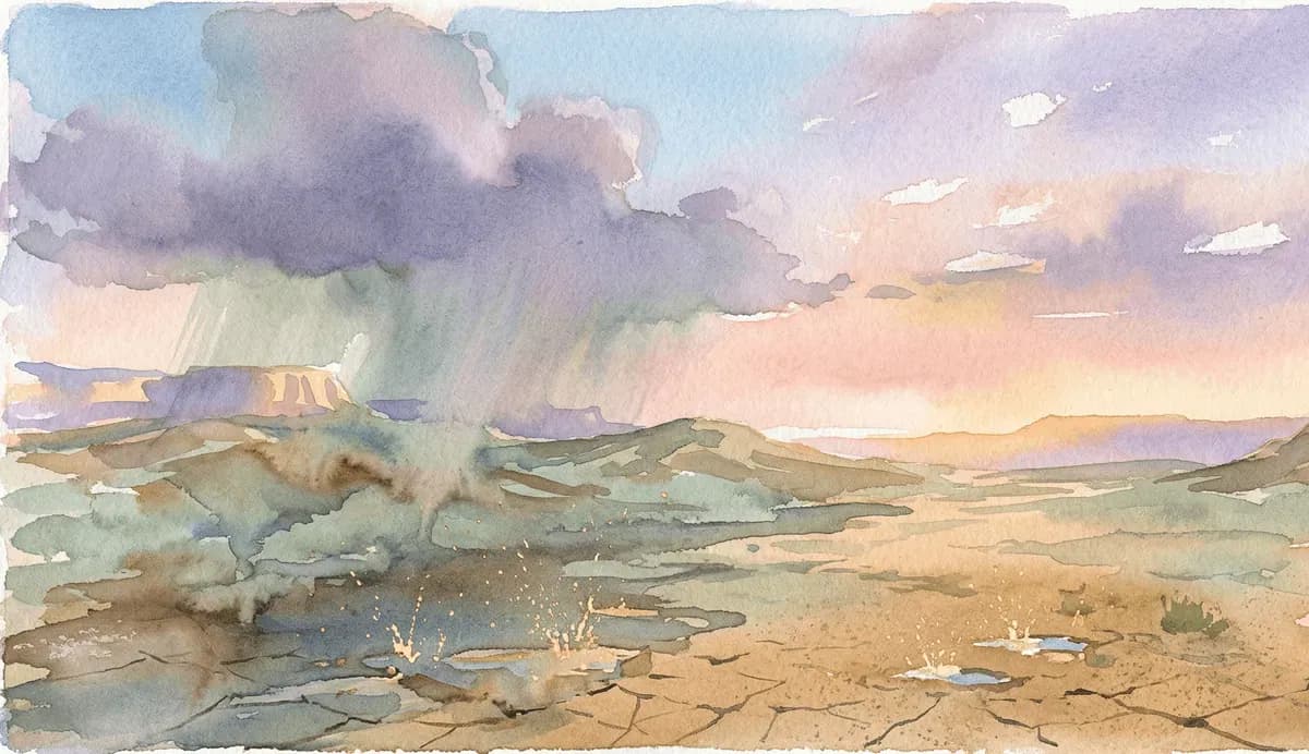 Watercolor desert at the moment rain arrives with golden splashes on dry earth