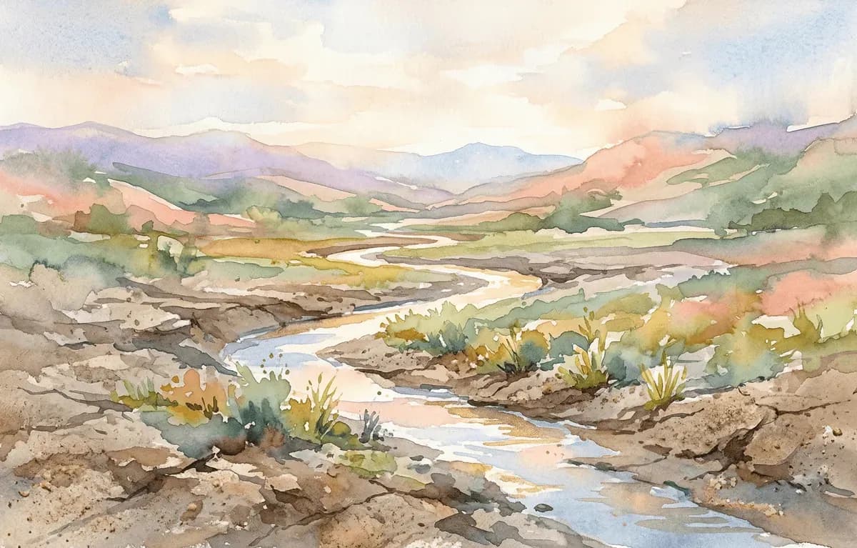Watercolor dried riverbed filling with water again as green shoots emerge